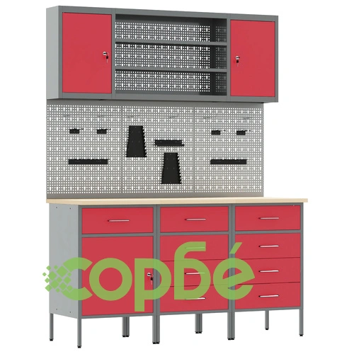 7-членен Комплект Работна Маса от Червена Стомана 200 x 55 x 200 см ➤ топ цена ➤ sorbe.bg