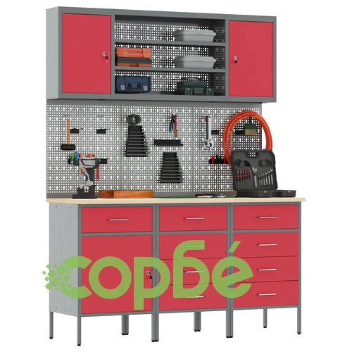 7-членен Комплект Работна Маса от Червена Стомана 200 x 55 x 200 см ➤ топ цена ➤ sorbe.bg