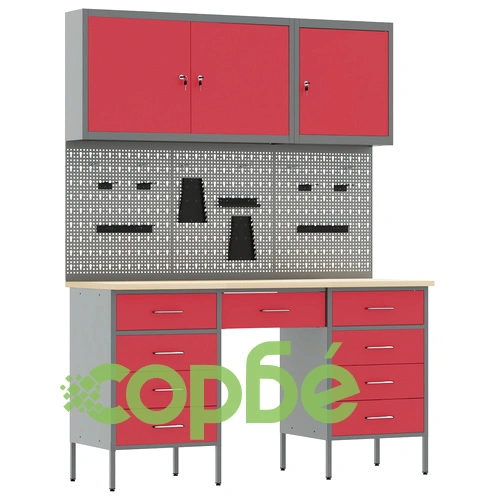 8-Частен Работен Кабинет с Перфорирана Дъска - Червен, MDF и Метал, 150x55x200 см ➤ топ цена ➤ sorbe.bg