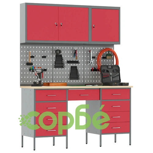 8-Частен Работен Кабинет с Перфорирана Дъска - Червен, MDF и Метал, 150x55x200 см ➤ топ цена ➤ sorbe.bg
