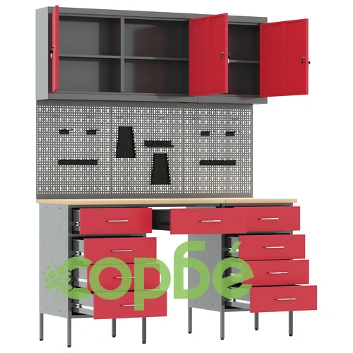 8-Частен Работен Кабинет с Перфорирана Дъска - Червен, MDF и Метал, 150x55x200 см ➤ топ цена ➤ sorbe.bg