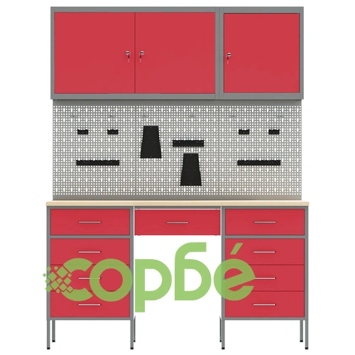 8-Частен Работен Кабинет с Перфорирана Дъска - Червен, MDF и Метал, 150x55x200 см ➤ топ цена ➤ sorbe.bg