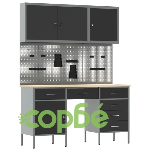 Комплект работен кабинет от 8 части - черен MDF и метал, 150 x 55 x 200 см ➤ топ цена ➤ sorbe.bg