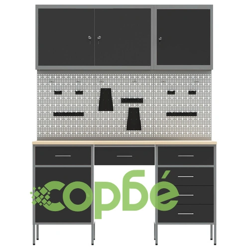 Комплект работен кабинет от 8 части - черен MDF и метал, 150 x 55 x 200 см ➤ топ цена ➤ sorbe.bg