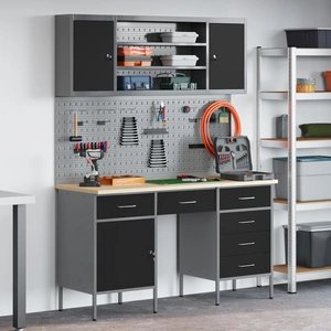 Комплект работен шкаф и стенен панел от 7 части, черен MDF и метал, 150 x 55 x 200 см