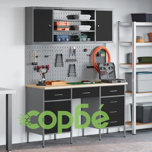 Комплект работен шкаф и стенен панел от 7 части, черен MDF и метал, 150 x 55 x 200 см на топ цена от sorbe.bg Комплект работен шкаф и стенен панел от 7 части, черен MDF и метал, 150 x 55 x 200 см ➤ топ цена ➤ sorbe.bg
