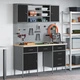 Комплект работен шкаф и стенен панел от 7 части, черен MDF и метал, 150 x 55 x 200 см Комплект работен шкаф и стенен панел от 7 части, черен MDF и метал, 150 x 55 x 200 см