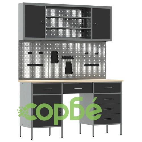 Комплект работен шкаф и стенен панел от 7 части, черен MDF и метал, 150 x 55 x 200 см на топ цена от sorbe.bg Комплект работен шкаф и стенен панел от 7 части, черен MDF и метал, 150 x 55 x 200 см ➤ топ цена ➤ sorbe.bg