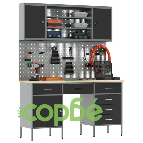 Комплект работен шкаф и стенен панел от 7 части, черен MDF и метал, 150 x 55 x 200 см на топ цена от sorbe.bg Комплект работен шкаф и стенен панел от 7 части, черен MDF и метал, 150 x 55 x 200 см ➤ топ цена ➤ sorbe.bg