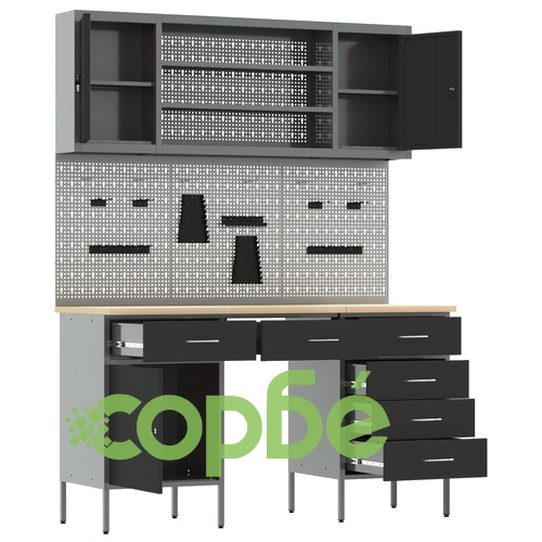 Комплект работен шкаф и стенен панел от 7 части, черен MDF и метал, 150 x 55 x 200 см на топ цена от sorbe.bg Комплект работен шкаф и стенен панел от 7 части, черен MDF и метал, 150 x 55 x 200 см ➤ топ цена ➤ sorbe.bg
