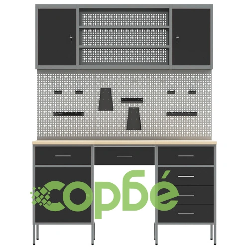 Комплект работен шкаф и стенен панел от 7 части, черен MDF и метал, 150 x 55 x 200 см на топ цена от sorbe.bg Комплект работен шкаф и стенен панел от 7 части, черен MDF и метал, 150 x 55 x 200 см ➤ топ цена ➤ sorbe.bg