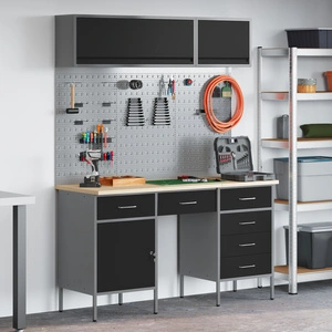 Комплект работна станция с 8 части - шкаф и пергола, черен MDF и метал, 150 x 55 x 200 см