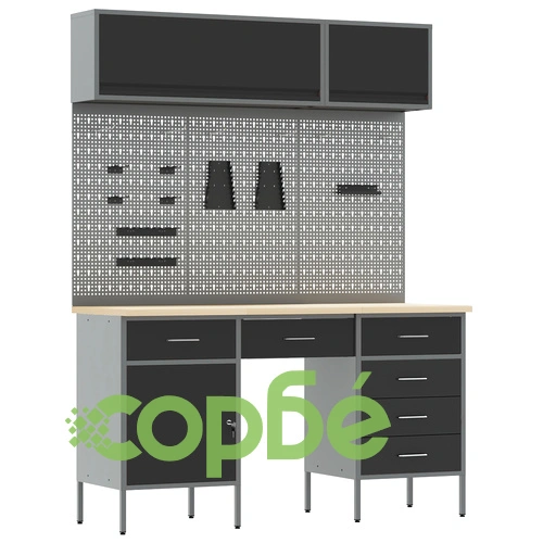 Комплект работна станция с 8 части - шкаф и пергола, черен MDF и метал, 150 x 55 x 200 см ➤ топ цена ➤ sorbe.bg