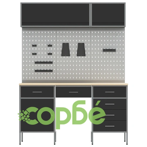 Комплект работна станция с 8 части - шкаф и пергола, черен MDF и метал, 150 x 55 x 200 см ➤ топ цена ➤ sorbe.bg