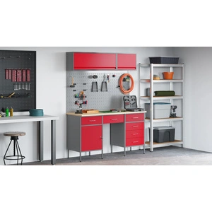 8-Частен Работен Комплект с Кош и Пегборд от MDF и Метал, Червен, 150x55x200 см