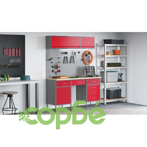 8-Частен Работен Комплект с Кош и Пегборд от MDF и Метал, Червен, 150x55x200 см ➤ топ цена ➤ sorbe.bg