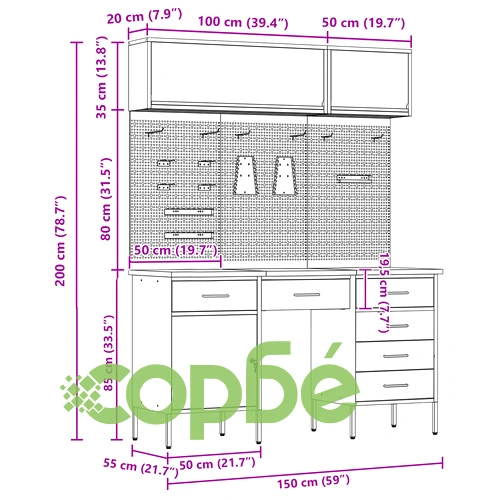 8-Частен Работен Комплект с Кош и Пегборд от MDF и Метал, Червен, 150x55x200 см ➤ топ цена ➤ sorbe.bg