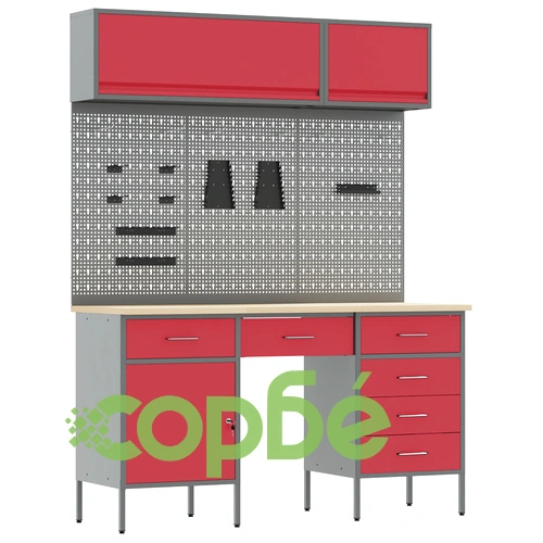 8-Частен Работен Комплект с Кош и Пегборд от MDF и Метал, Червен, 150x55x200 см ➤ топ цена ➤ sorbe.bg