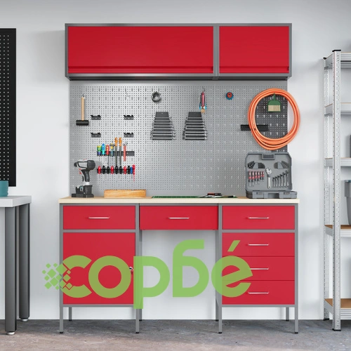 8-Частен Работен Комплект с Кош и Пегборд от MDF и Метал, Червен, 150x55x200 см ➤ топ цена ➤ sorbe.bg