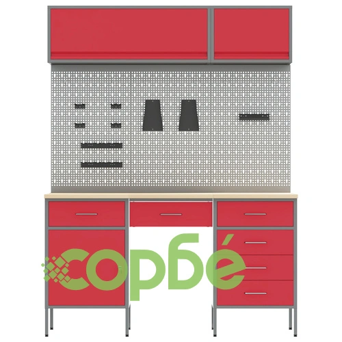 8-Частен Работен Комплект с Кош и Пегборд от MDF и Метал, Червен, 150x55x200 см ➤ топ цена ➤ sorbe.bg