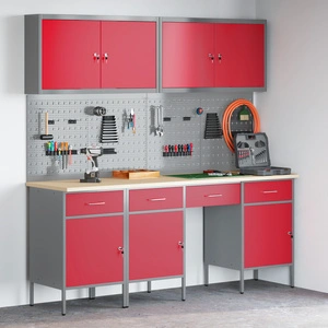 Комплект Работна Масичка от 10 Части - Червена Стоманена Конструкция, 200 x 55 x 200 см