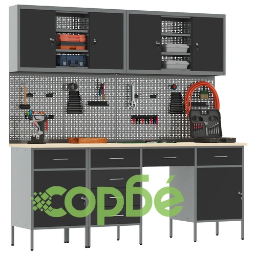 Комплект работна маса от 10 части с чекмеджета от черна стомана, 200x55x200 см ➤ топ цена ➤ sorbe.bg
