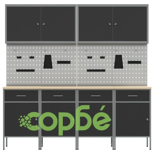 Комплект от 10 части с работно шкафче и перфорирана дъска - Черен MDF и Метал, 200x55x200 см ➤ топ цена ➤ sorbe.bg