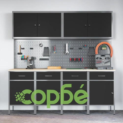 Комплект от 10 части с работно шкафче и перфорирана дъска - Черен MDF и Метал, 200x55x200 см ➤ топ цена ➤ sorbe.bg