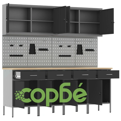 Комплект от 10 части с работно шкафче и перфорирана дъска - Черен MDF и Метал, 200x55x200 см ➤ топ цена ➤ sorbe.bg