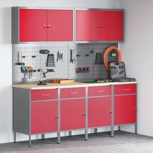 10-частов комплект работен кабинет с инструменти - червен MDF и метал, 200 x 55 x 200 см