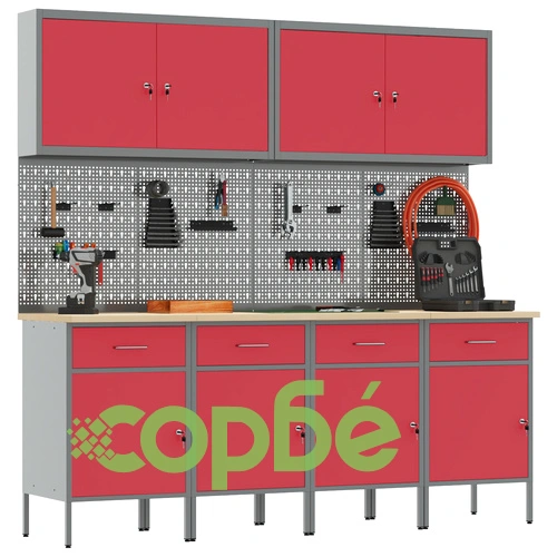 10-частов комплект работен кабинет с инструменти - червен MDF и метал, 200 x 55 x 200 см ➤ топ цена ➤ sorbe.bg