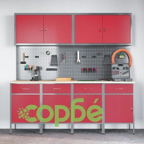 10-частов комплект работен кабинет с инструменти - червен MDF и метал, 200 x 55 x 200 см ➤ топ цена ➤ sorbe.bg