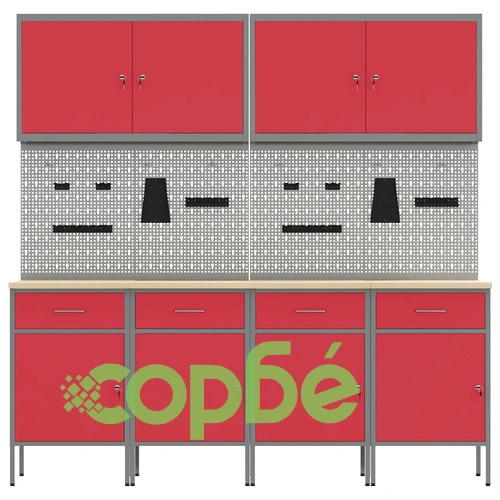 10-частов комплект работен кабинет с инструменти - червен MDF и метал, 200 x 55 x 200 см ➤ топ цена ➤ sorbe.bg