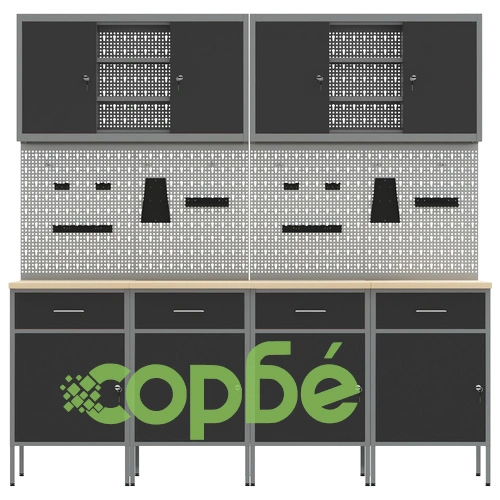 Комплект работна станция 10 части - черно MDF и метал с шкафчета и перфорирана дъска за инструменти ➤ топ цена ➤ sorbe.bg