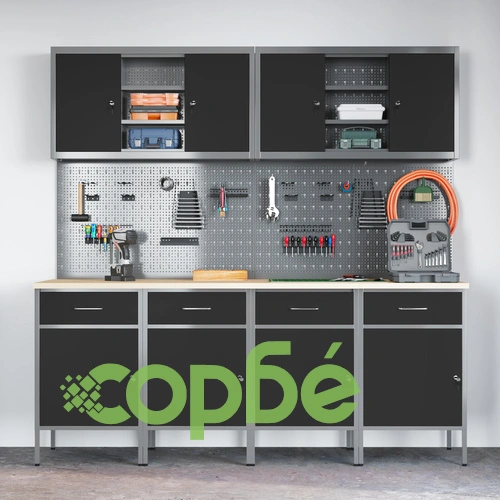 Комплект работна станция 10 части - черно MDF и метал с шкафчета и перфорирана дъска за инструменти ➤ топ цена ➤ sorbe.bg
