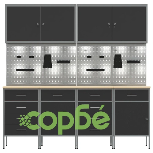 10 Части Работен Кабинет с Метална Рамка и MDF Плот - Черен Комплект със Стенен Панел 200x55x200 см ➤ топ цена ➤ sorbe.bg
