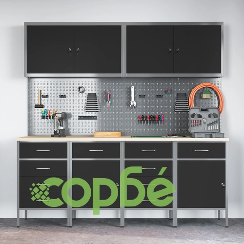 10 Части Работен Кабинет с Метална Рамка и MDF Плот - Черен Комплект със Стенен Панел 200x55x200 см ➤ топ цена ➤ sorbe.bg