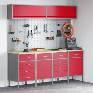 10 части работен шкаф с перфорирана дъска - червен MDF и метал, 200x55x200 см