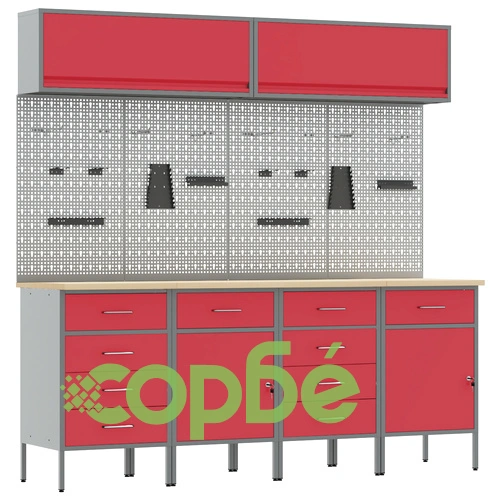 10 части работен шкаф с перфорирана дъска - червен MDF и метал, 200x55x200 см ➤ топ цена ➤ sorbe.bg