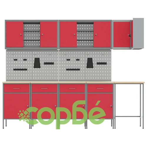 Комплект работен шкаф 12 части с перфориран панел, червен MDF и метал, 255x55x220 см ➤ топ цена ➤ sorbe.bg