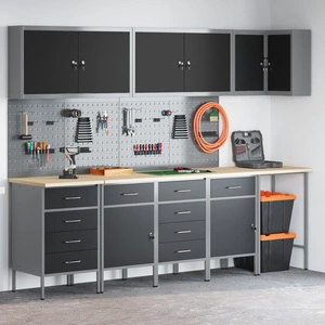 12-Частен Комплект Работен Шкаф с Пегборд - Черен MDF и Метал 255x55x220 см