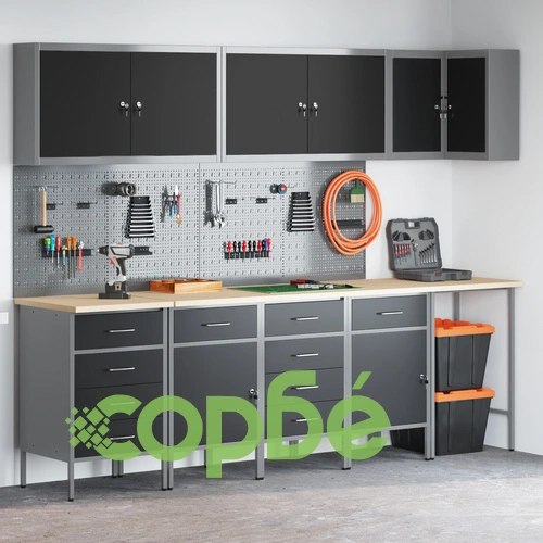12-Частен Комплект Работен Шкаф с Пегборд - Черен MDF и Метал 255x55x220 см ➤ топ цена ➤ sorbe.bg