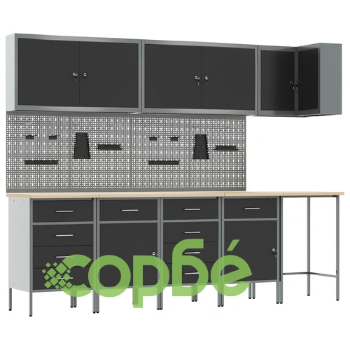 12-Частен Комплект Работен Шкаф с Пегборд - Черен MDF и Метал 255x55x220 см ➤ топ цена ➤ sorbe.bg
