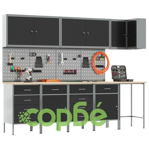 12-Частен Комплект Работен Шкаф с Пегборд - Черен MDF и Метал 255x55x220 см ➤ топ цена ➤ sorbe.bg
