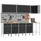 12-Частен Комплект Работен Шкаф с Пегборд - Черен MDF и Метал 255x55x220 см