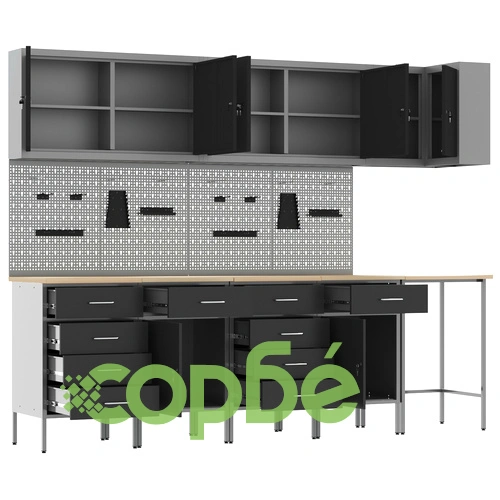 12-Частен Комплект Работен Шкаф с Пегборд - Черен MDF и Метал 255x55x220 см ➤ топ цена ➤ sorbe.bg