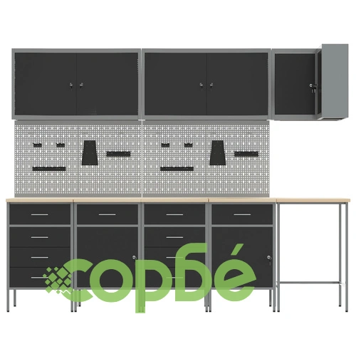 12-Частен Комплект Работен Шкаф с Пегборд - Черен MDF и Метал 255x55x220 см ➤ топ цена ➤ sorbe.bg