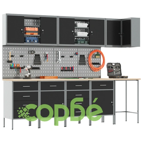 12-частен Комплект за Работно Място с Кабинет и Пегборд от Черен MDF и Метал на топ цена от sorbe.bg 12-частен Комплект за Работно Място с Кабинет и Пегборд от Черен MDF и Метал ➤ топ цена ➤ sorbe.bg