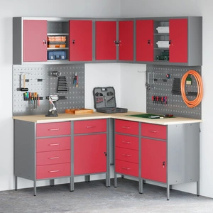 Комплект работен шкаф с 12 части, Червен, MDF и Метал, 255x55x220 см
