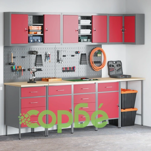 Комплект работен шкаф с 12 части, Червен, MDF и Метал, 255x55x220 см ➤ топ цена ➤ sorbe.bg